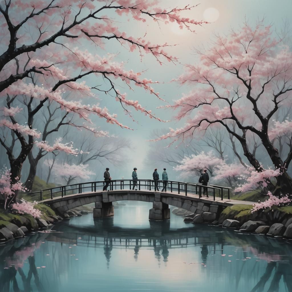 Cherry Blossom Bridge in Atmospheric Painting Style