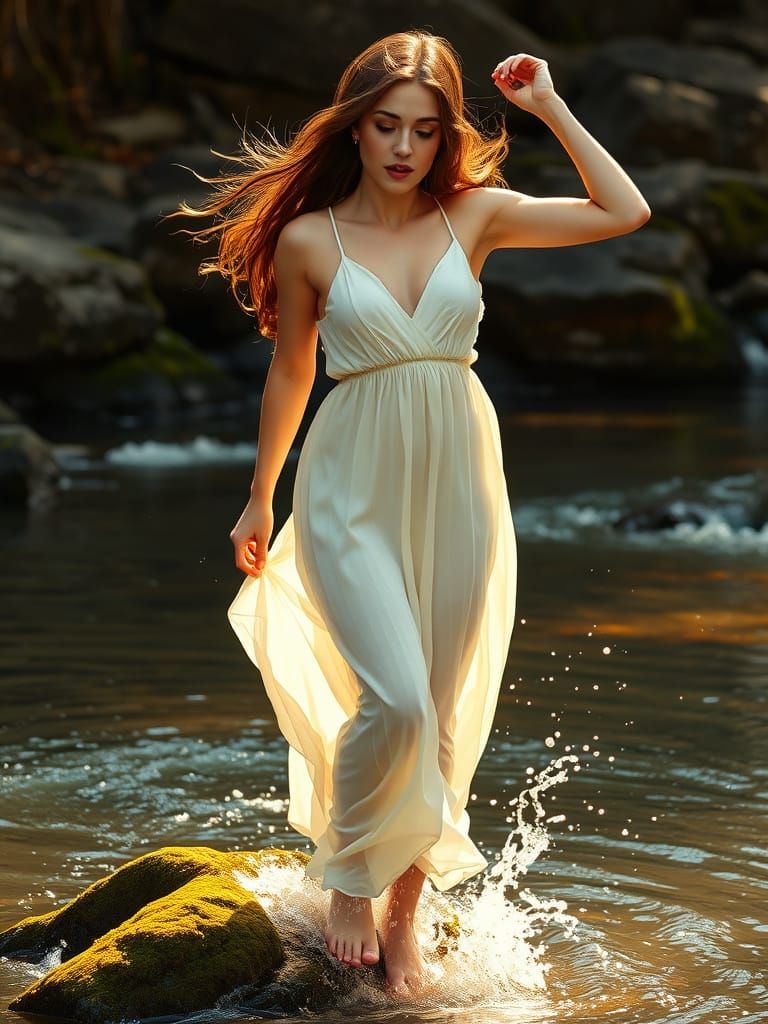 Woman Splashing in River, Sfumato Style