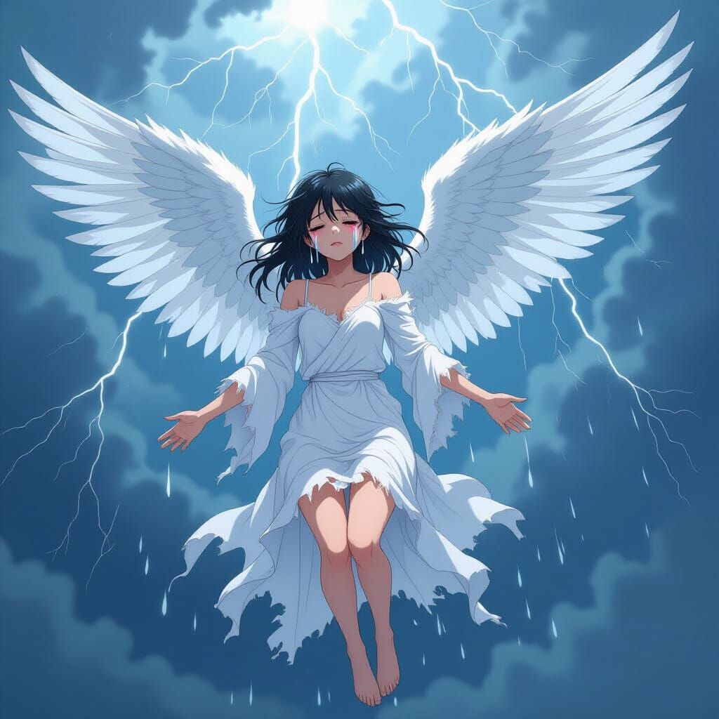 Anime Angel Girl Falling in Stormy Sky