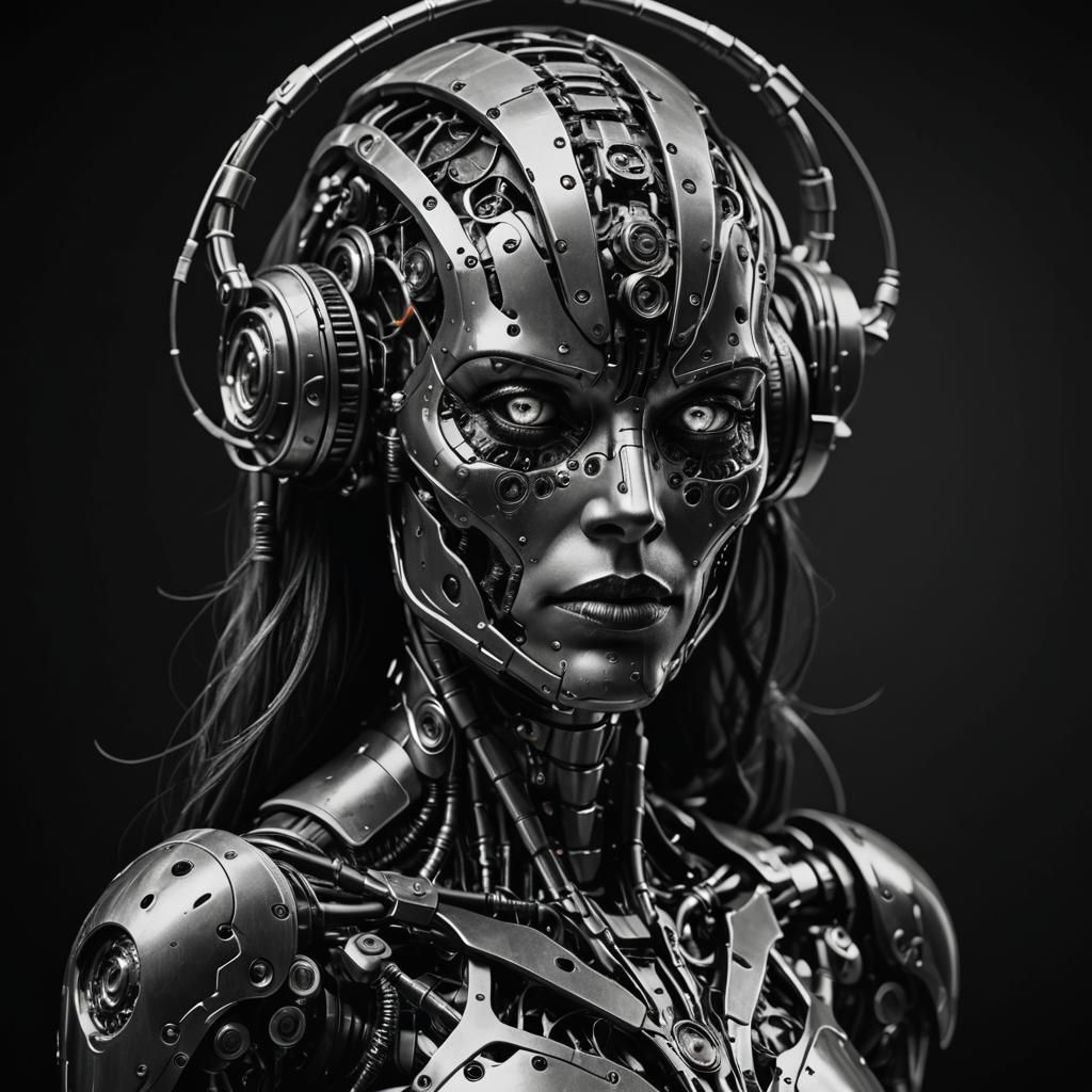 Biomechanical Cyborg Portrait in Black and White