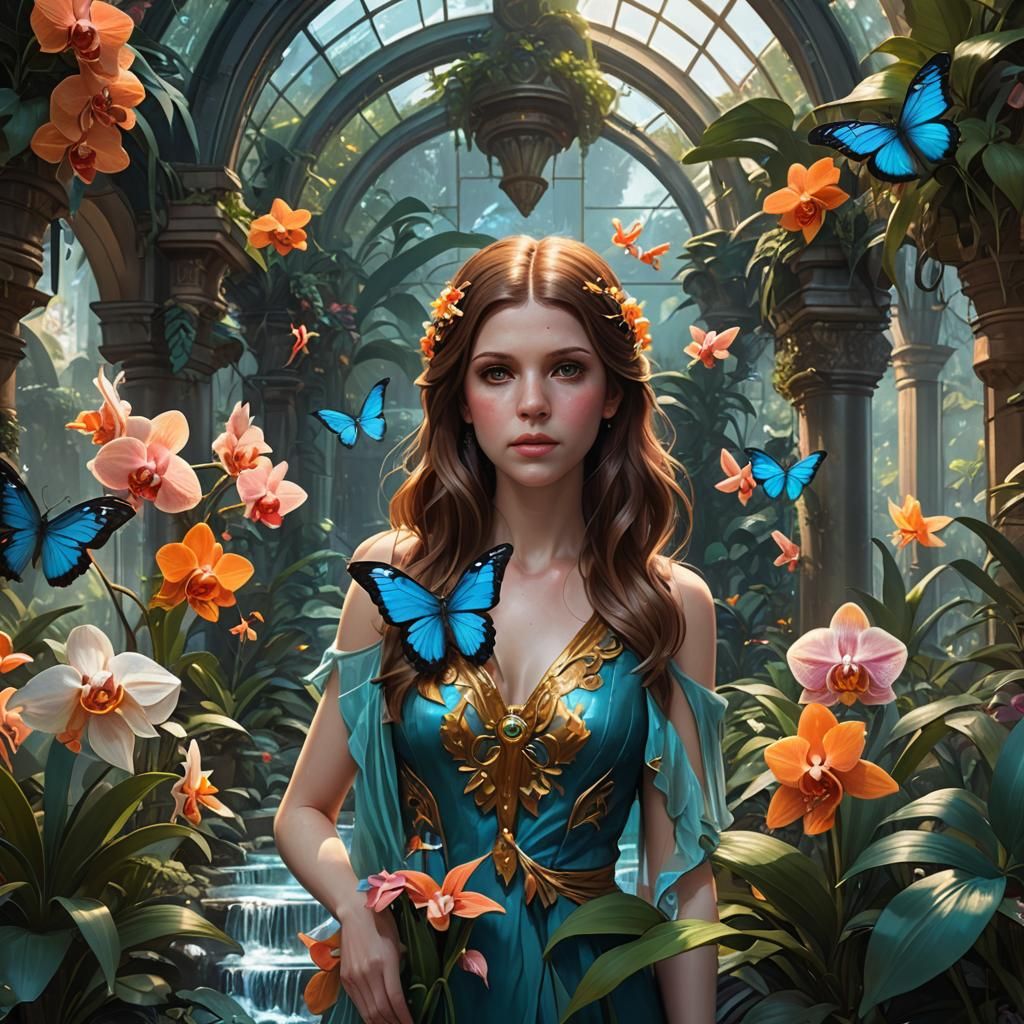 Anna Kendrick in a Vibrant Greenhouse Oasis with Delicate Or...
