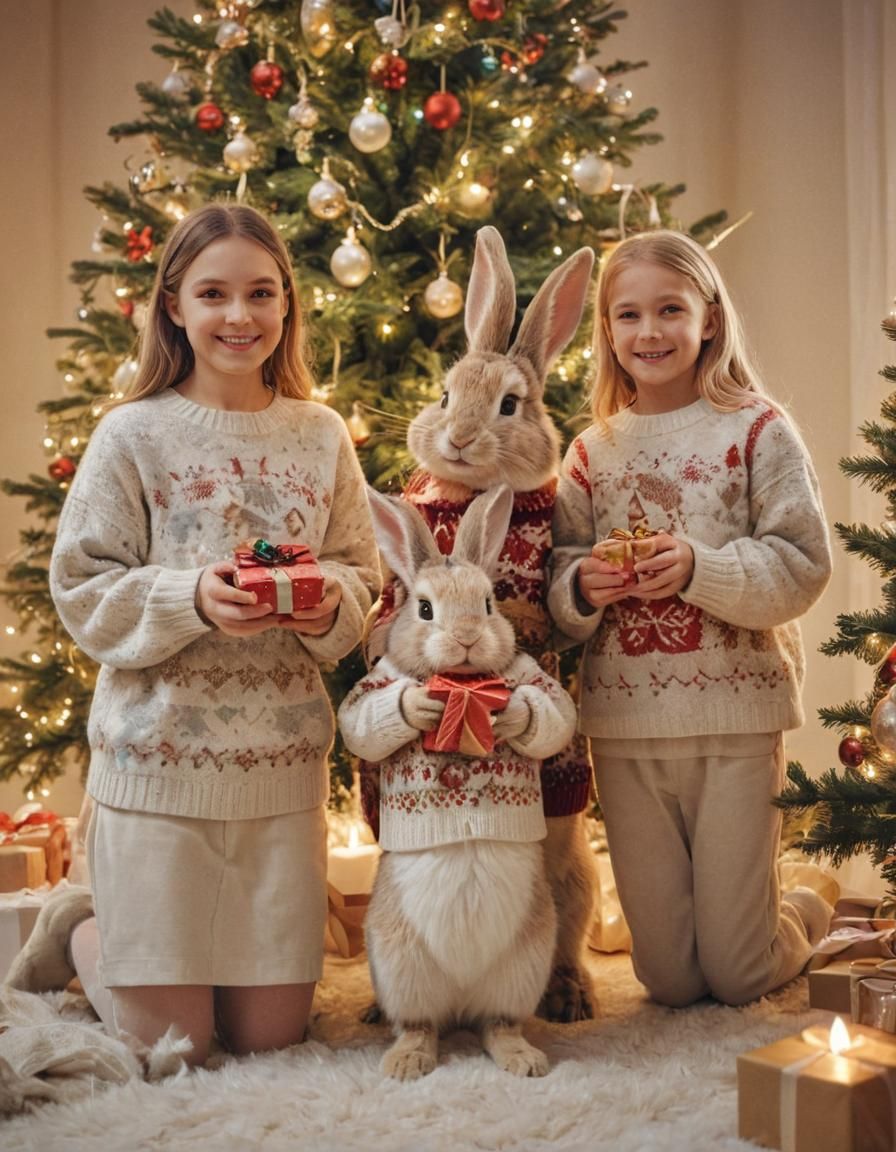 Rabbit Family Christmas Celebration in Digital Painting