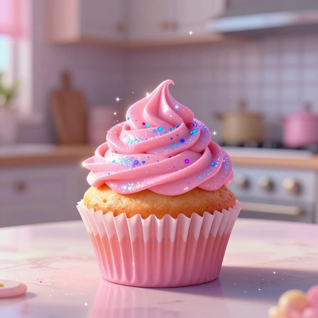 Magical Sparkly Cupcake on Kitchen Countertop