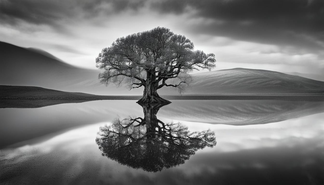 Dramatic Lakeside Tree: Black and White Photography
