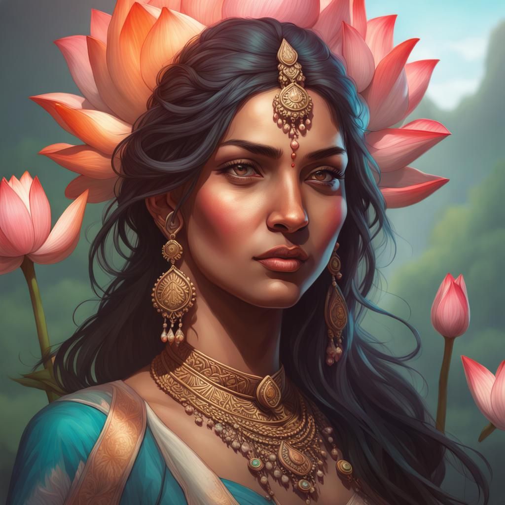 Indian Woman Portrait with Lotus Flowers, Detailed Art