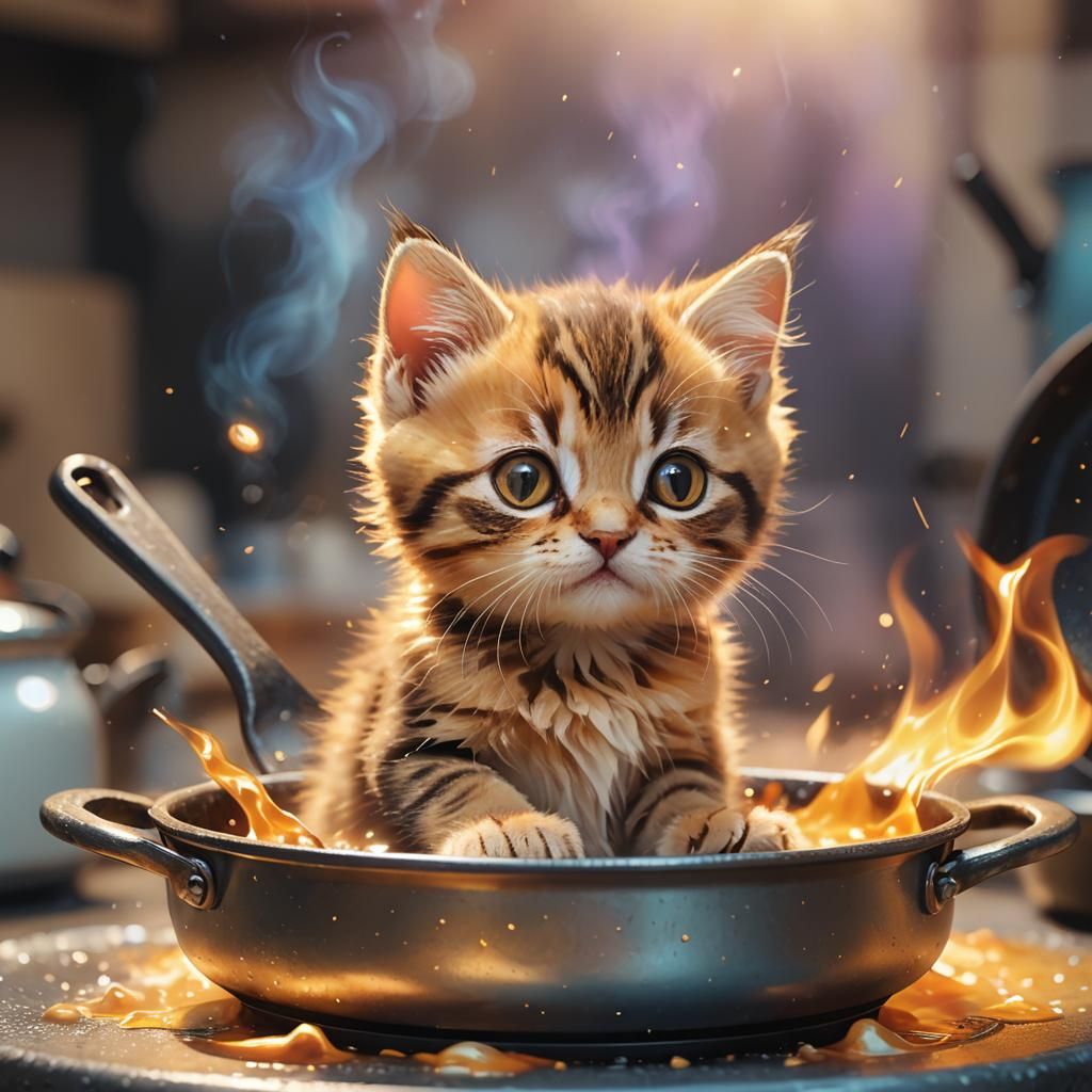 Cute Kitten in Pan: Anime Concept Art