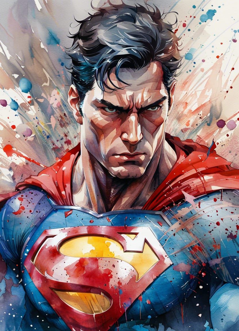 Anime Superman Watercolor Digital Illustration