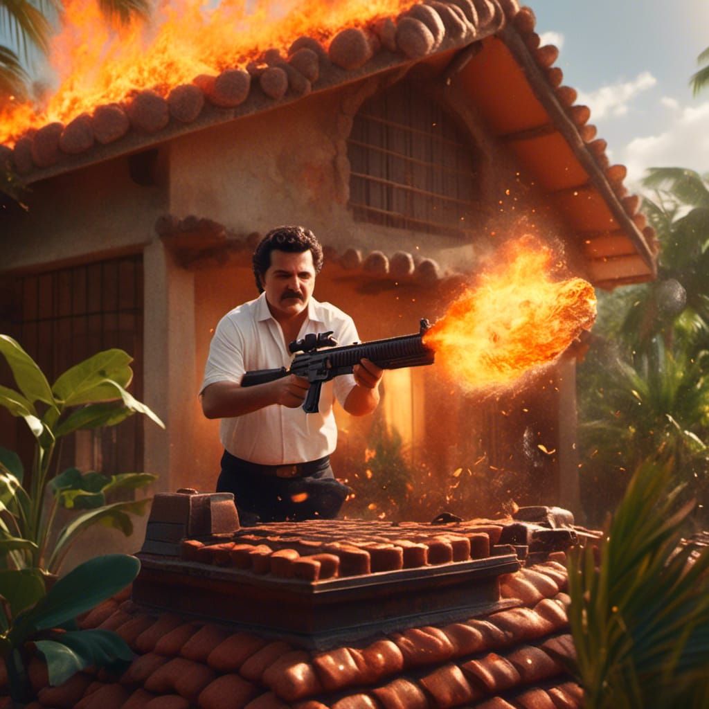Pablo Escobar in Tropics Shooting Machine Gun