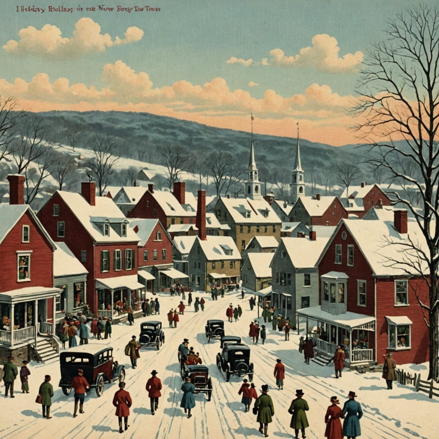 Vintage Holiday Postcard of New England Town
