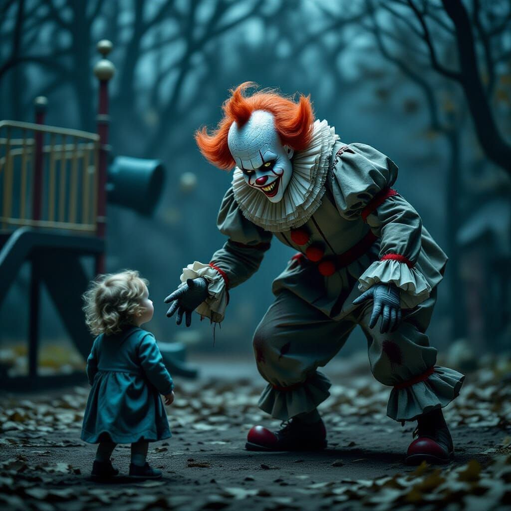 Terrifying Clown Attacks Child in Dark Horror Scene