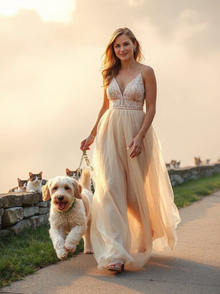 Woman in Pastel Maxi Dress Strolls with Dog Amidst Curious C...