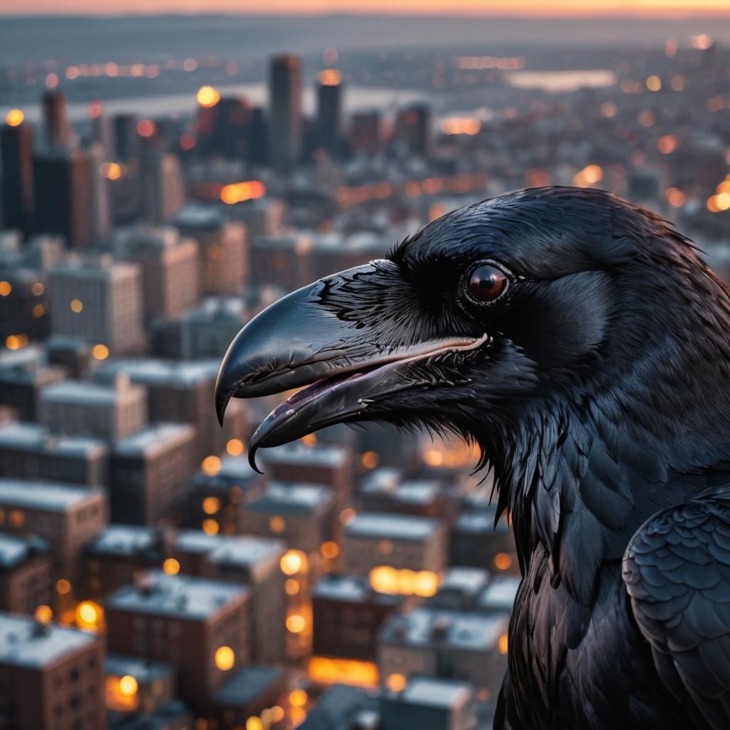 Raven's Eye: Macro Profile Against Sunset Cityscape