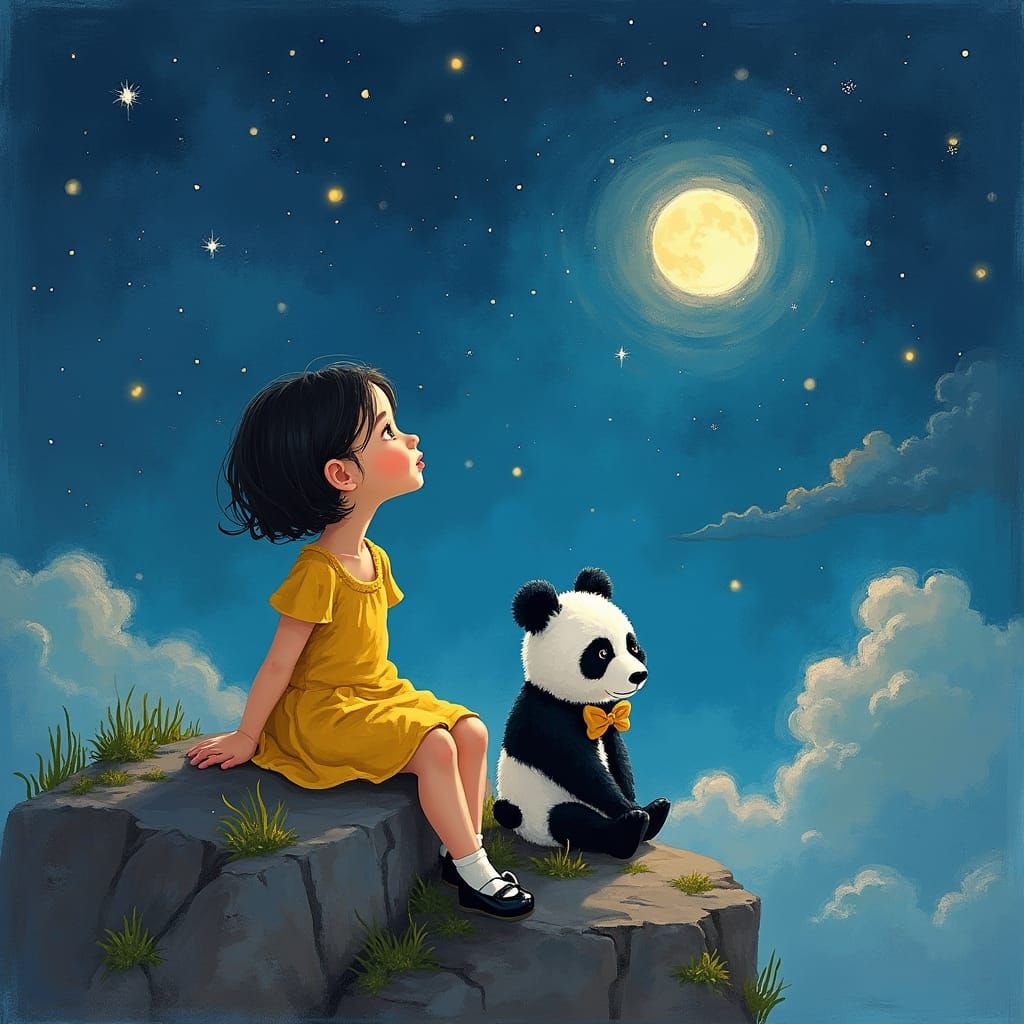 Girl and Panda Gaze at Starry Sky