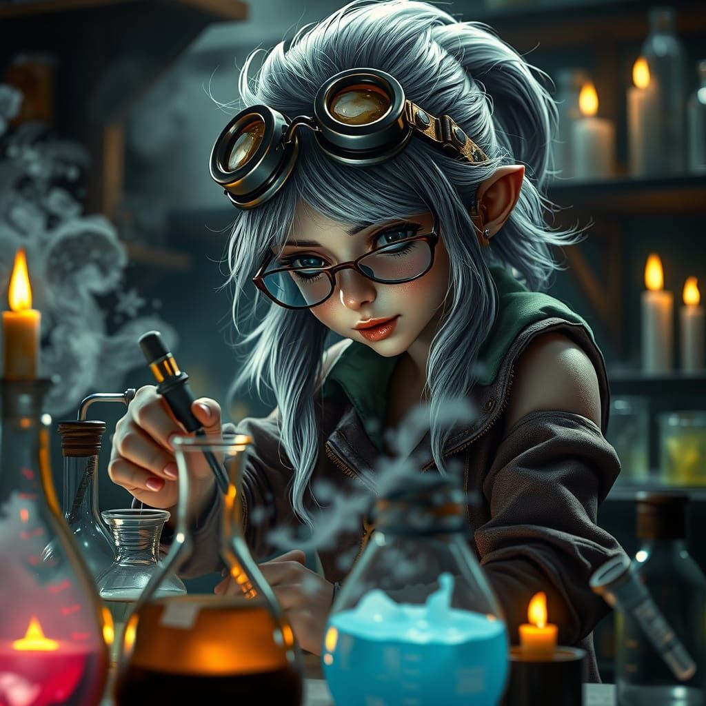Steampunk Gnome Chemist in Dimly Lit Lab