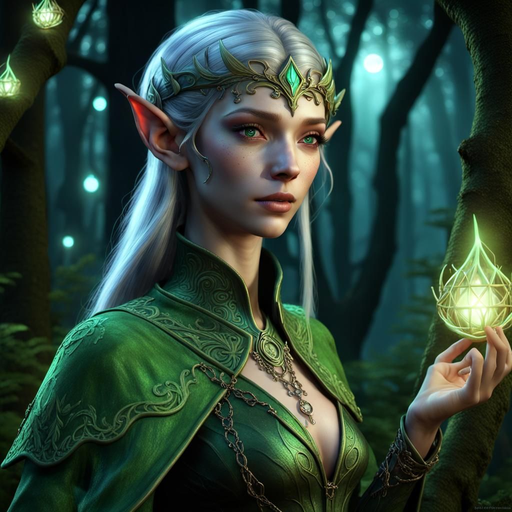 Enchanted Elf Warlock in Moonlit Forest: 3D Render