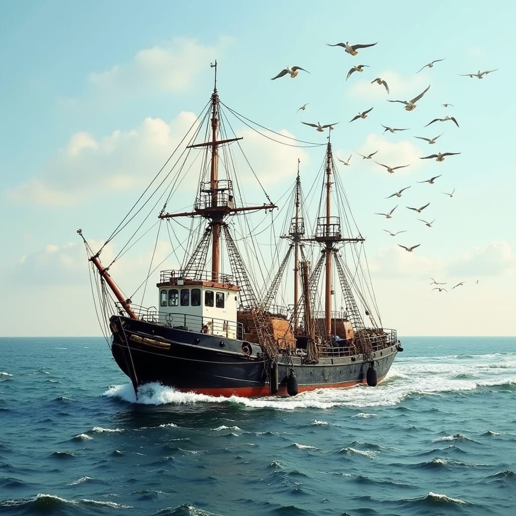 Fishing Trawler at Sea in Oli Painting