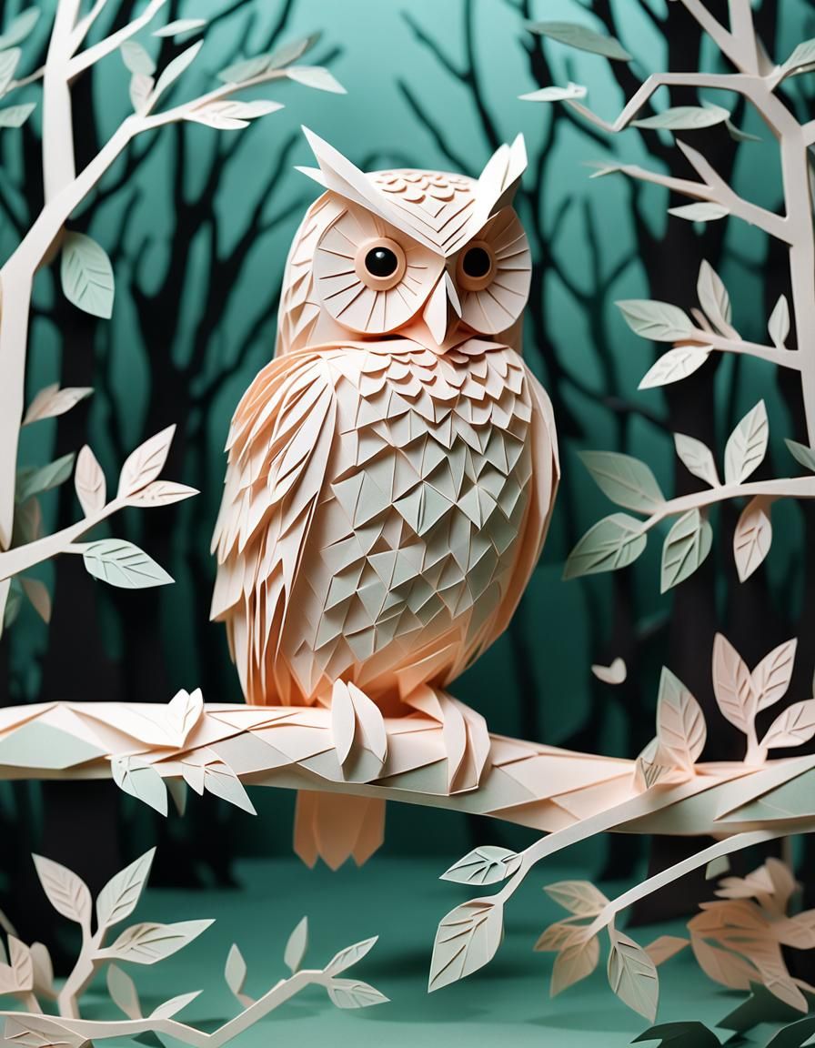 Delicate Kirigami Owl in Pastel Forest