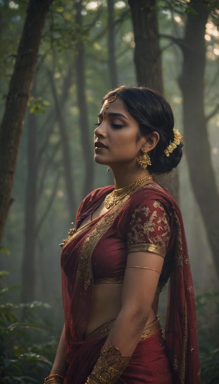 Serene Indian Woman in Moonlit Forest