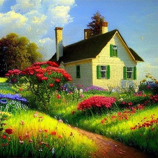 Idyllic House in Flower Meadow, Oil Painting