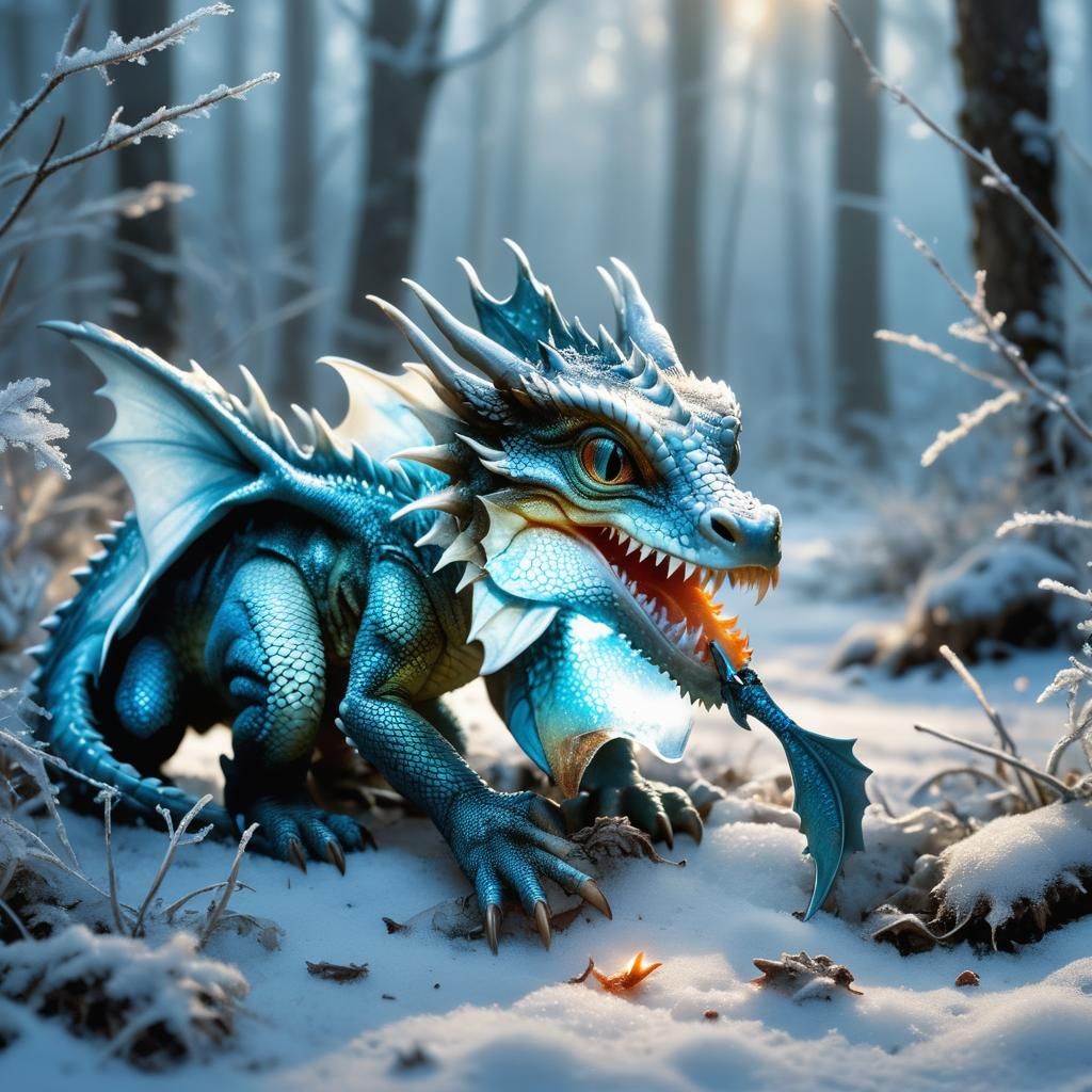 Baby Dragon's Snowy Feast: Wildlife Photography