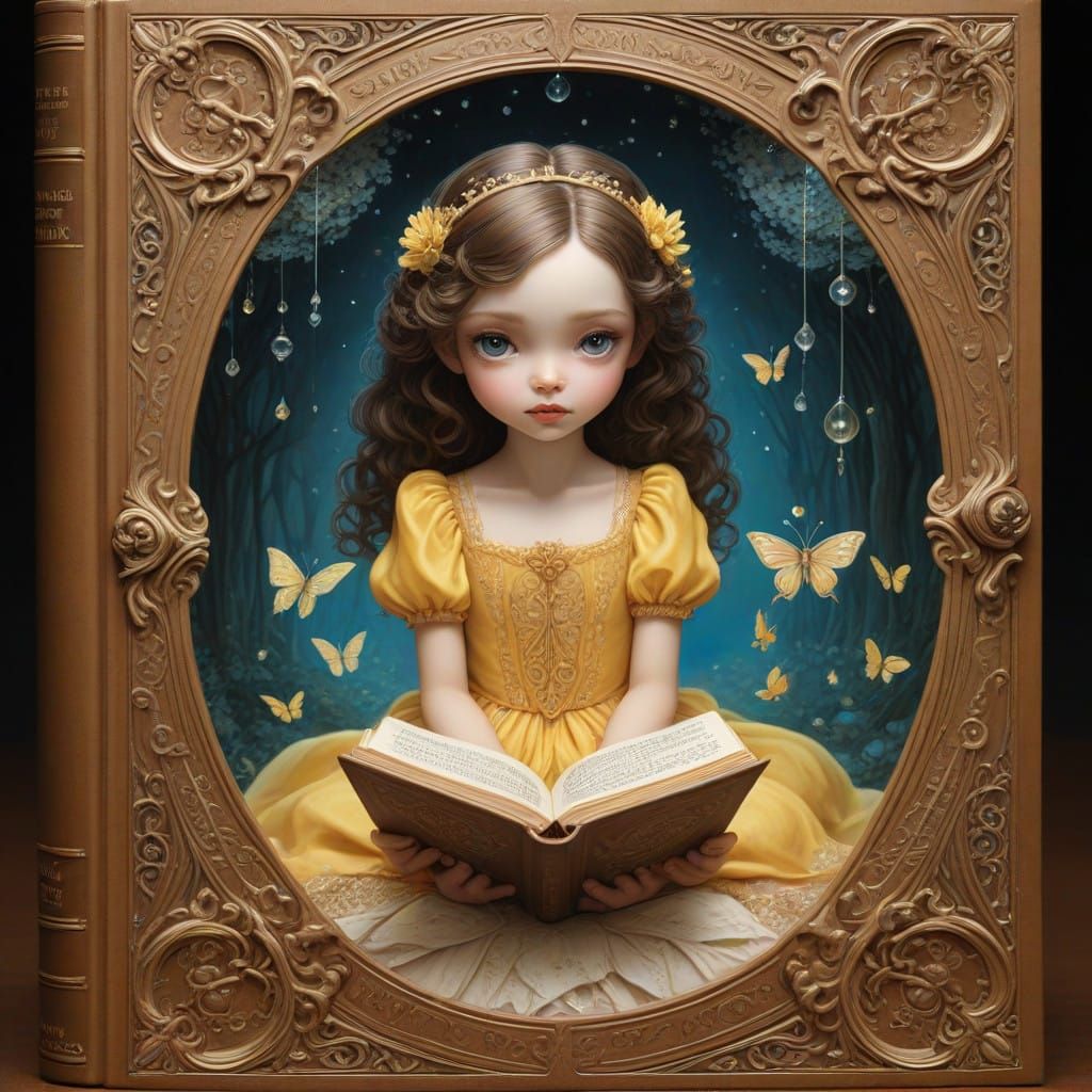 Whimsical Girl Reads in Ancient Tome with Glowing Portal