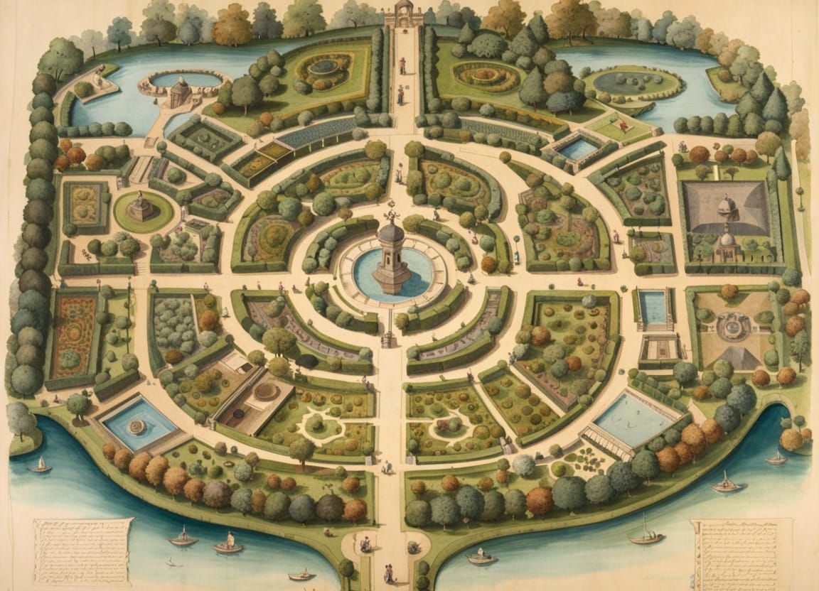 Baroque Park Plan in Ink and Watercolor