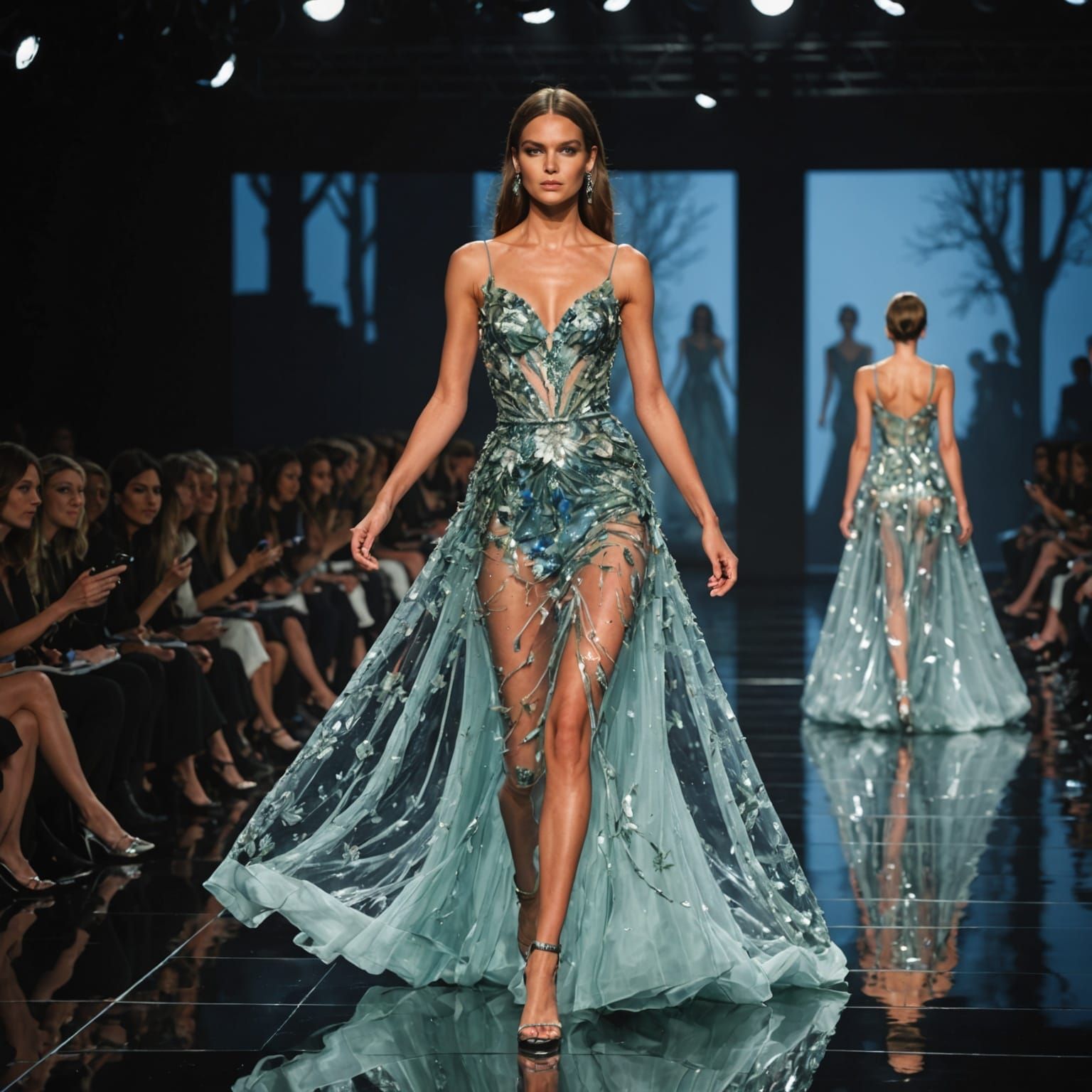 Woman in Glass Beaded Dress on Catwalk Stage