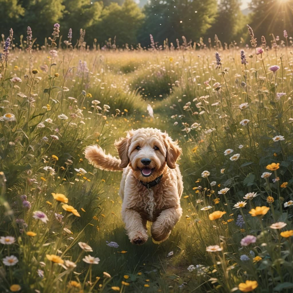 Golden Doodle Runs Through Wildflower Meadow