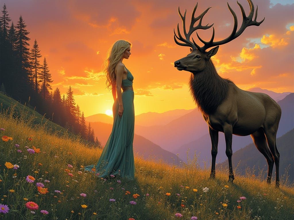 Mythical Woodland Goddess in Vibrant Sunset Hues