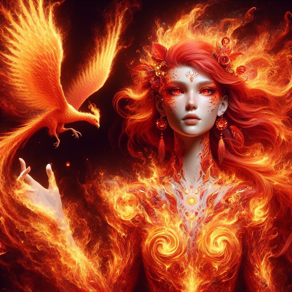 Radiant Fire Goddess with Phoenix in Digital Art