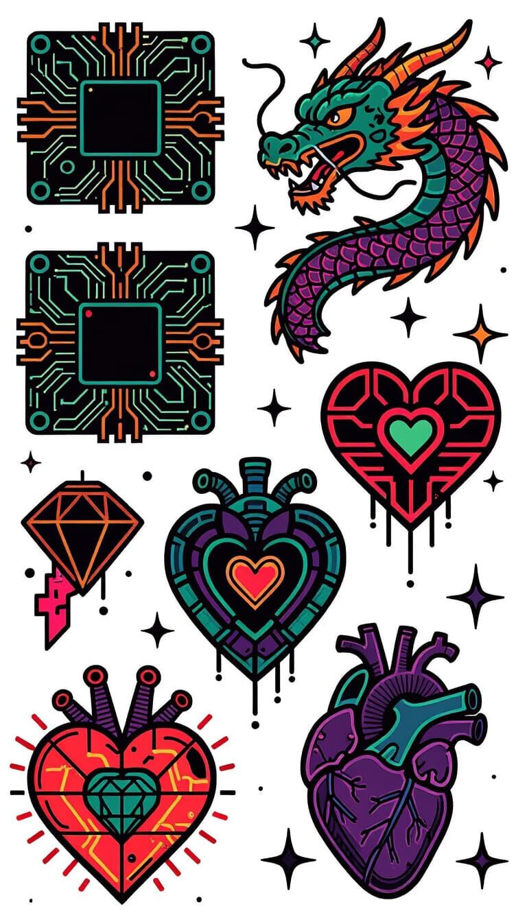Cyberpunk Tattoo Flash Sheet with Neon Designs