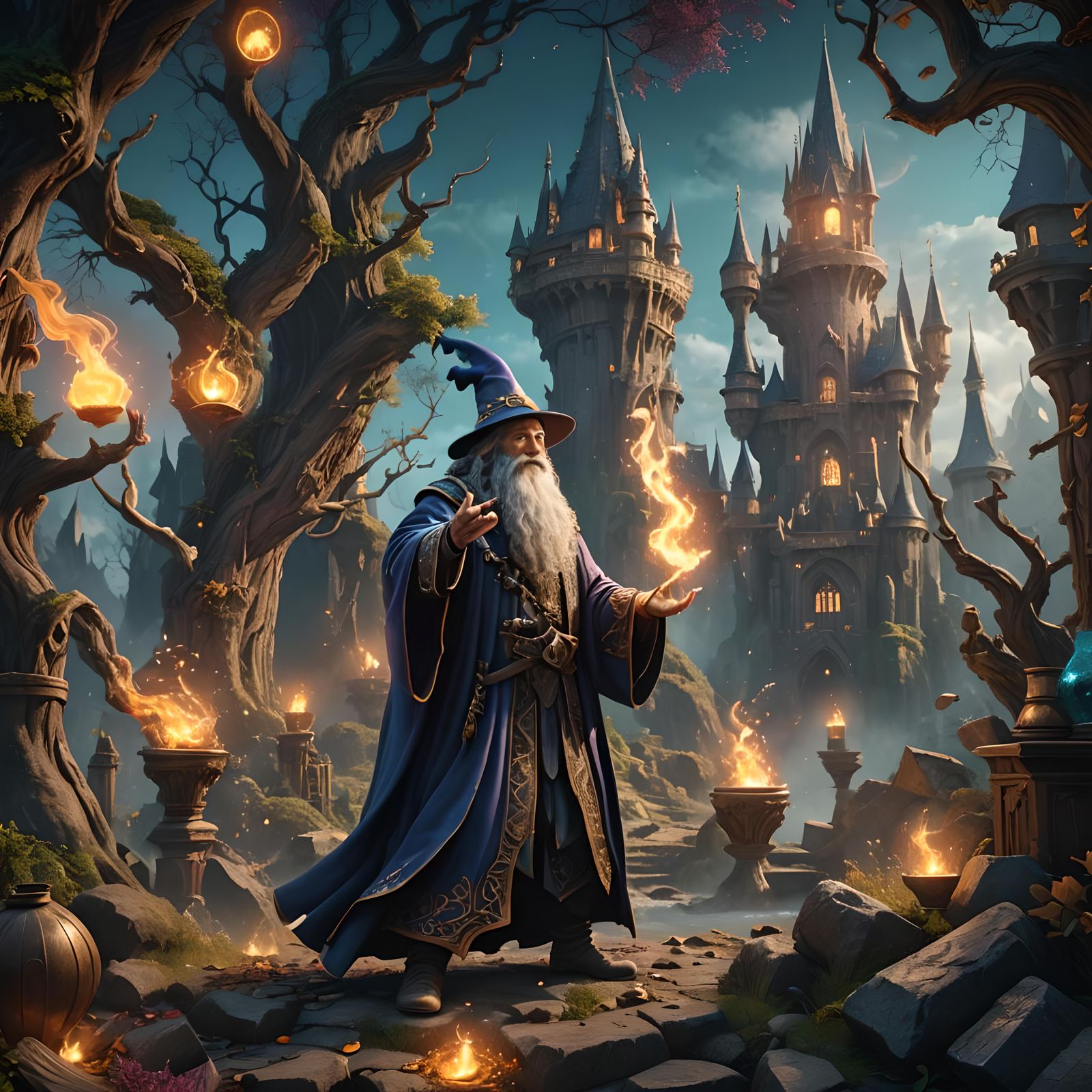 Wizard Casting Spell in Detailed Matte Painting