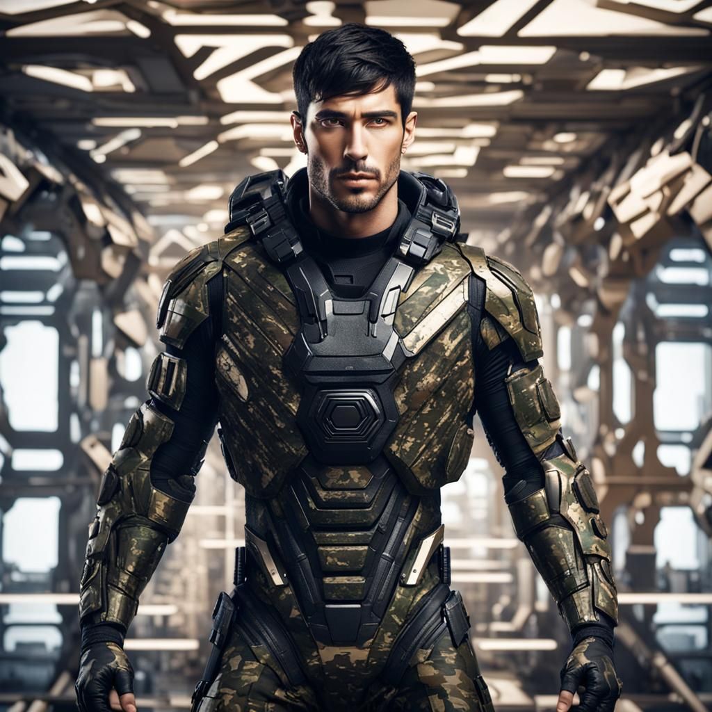 Handsome Greek Man in Futuristic Camouflage Suit