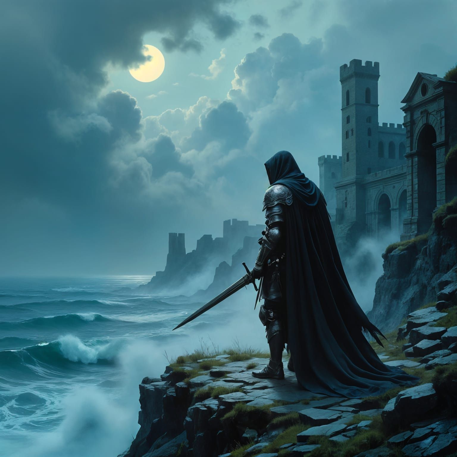 Gothic Warrior Overlooks Stormy Sea, Ancient Ruins