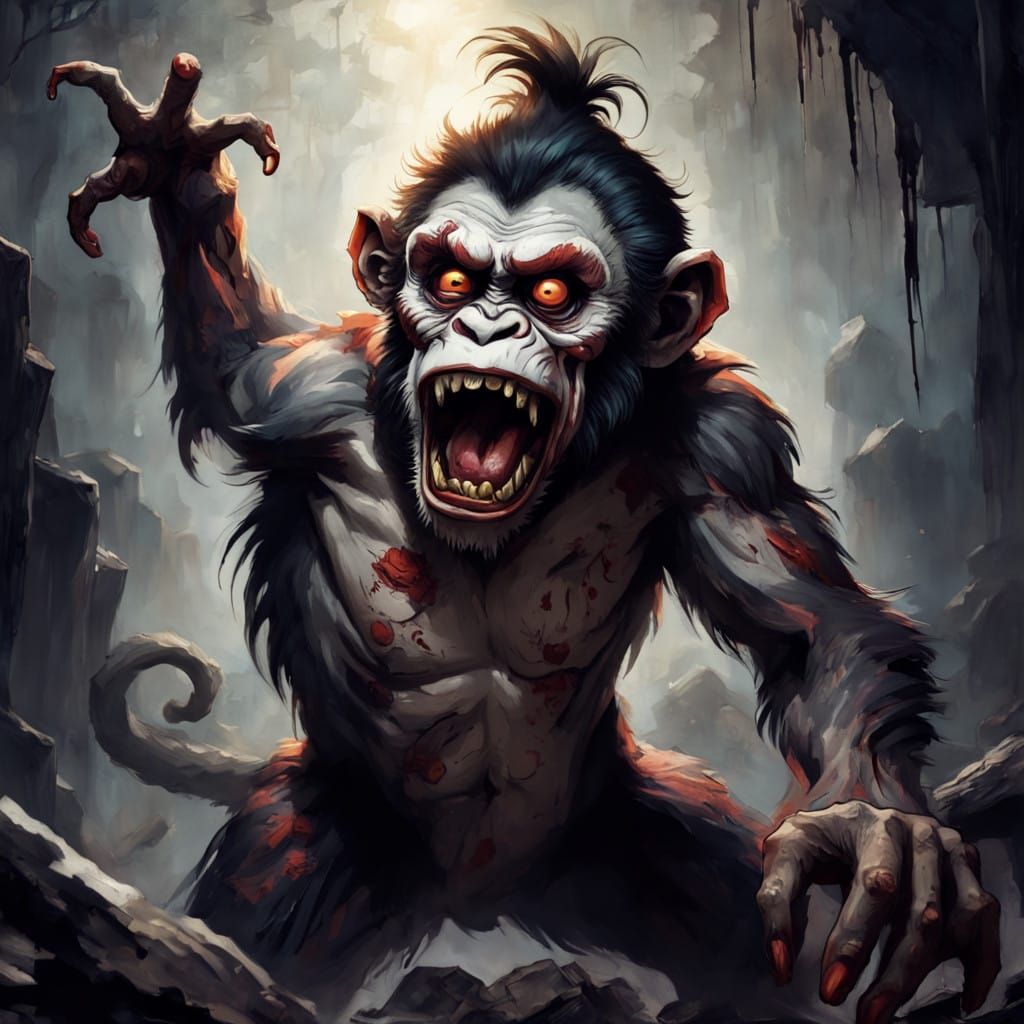 Grotesque Japanese Zombie Monkey Clown in a 19th Century Woo...