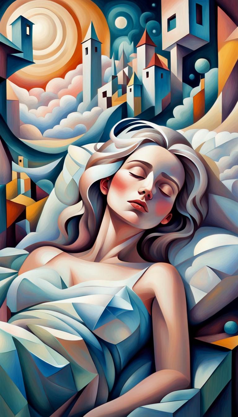 Surreal Cubist Dreamscape of a Sleepy Woman