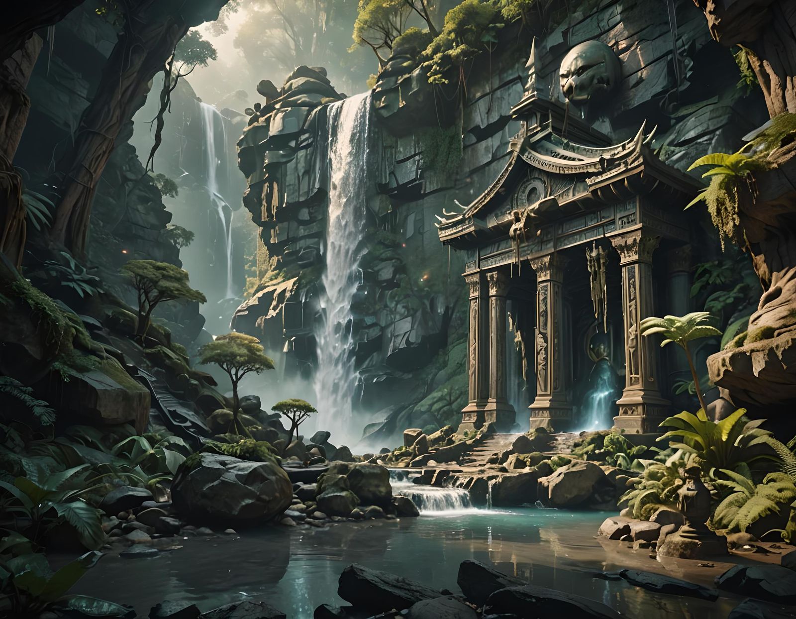 Enchanted Waterfall Shrine on Alien Planet