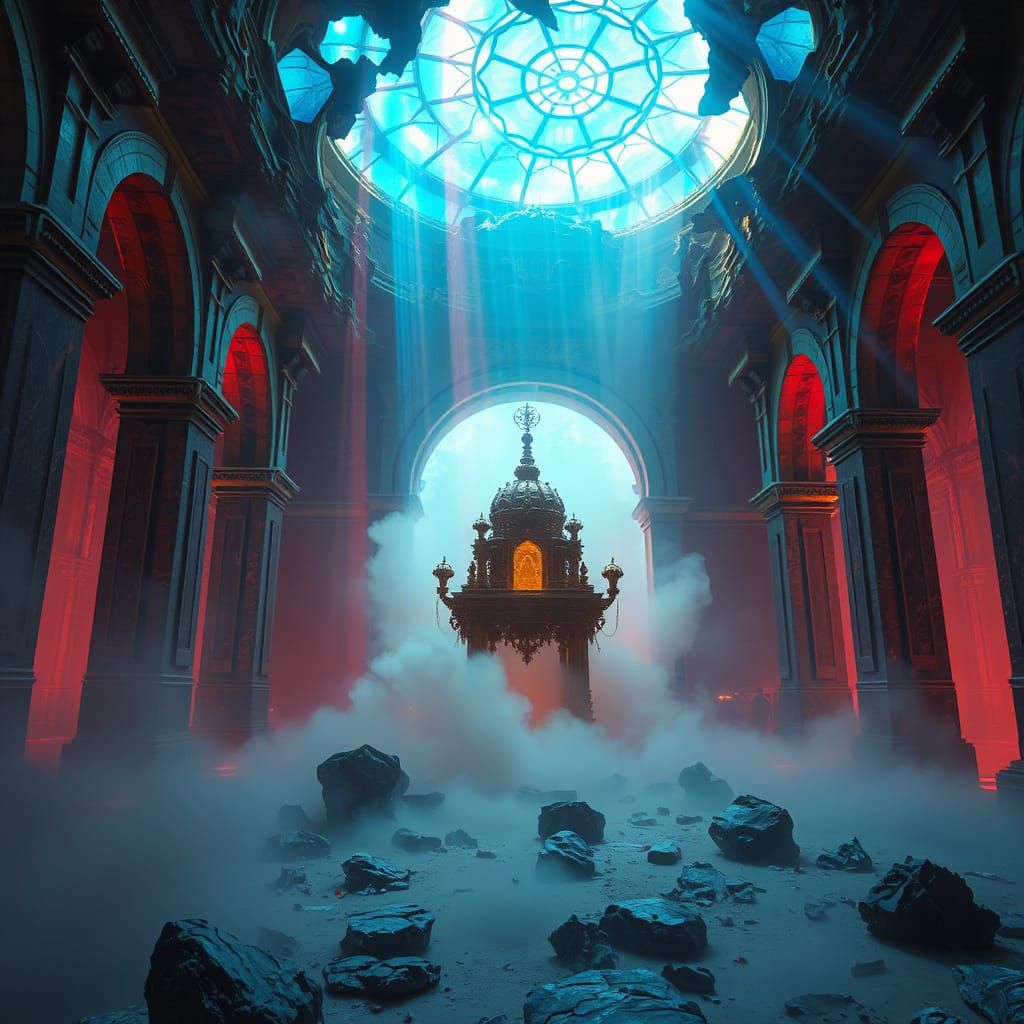 Crumbling Shrine with Luminous Arches in Magical Realism