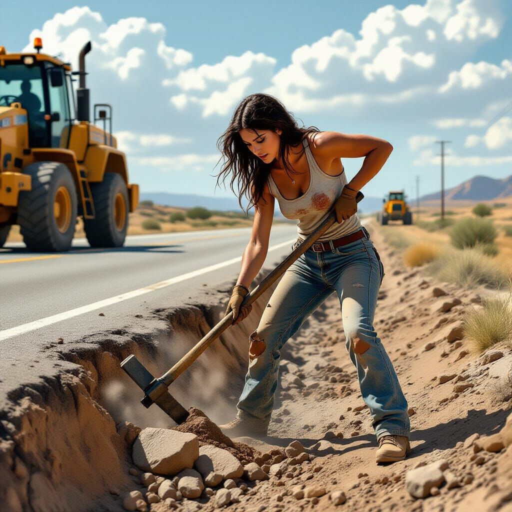 Highway Worker Digging Stone: Gritty Realism