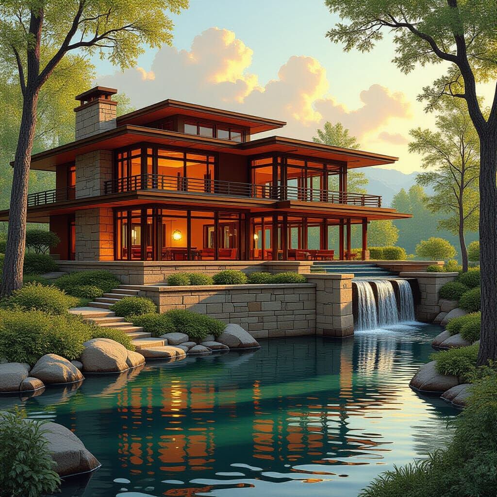 Frank Lloyd Wright Inspired House on Riverbank