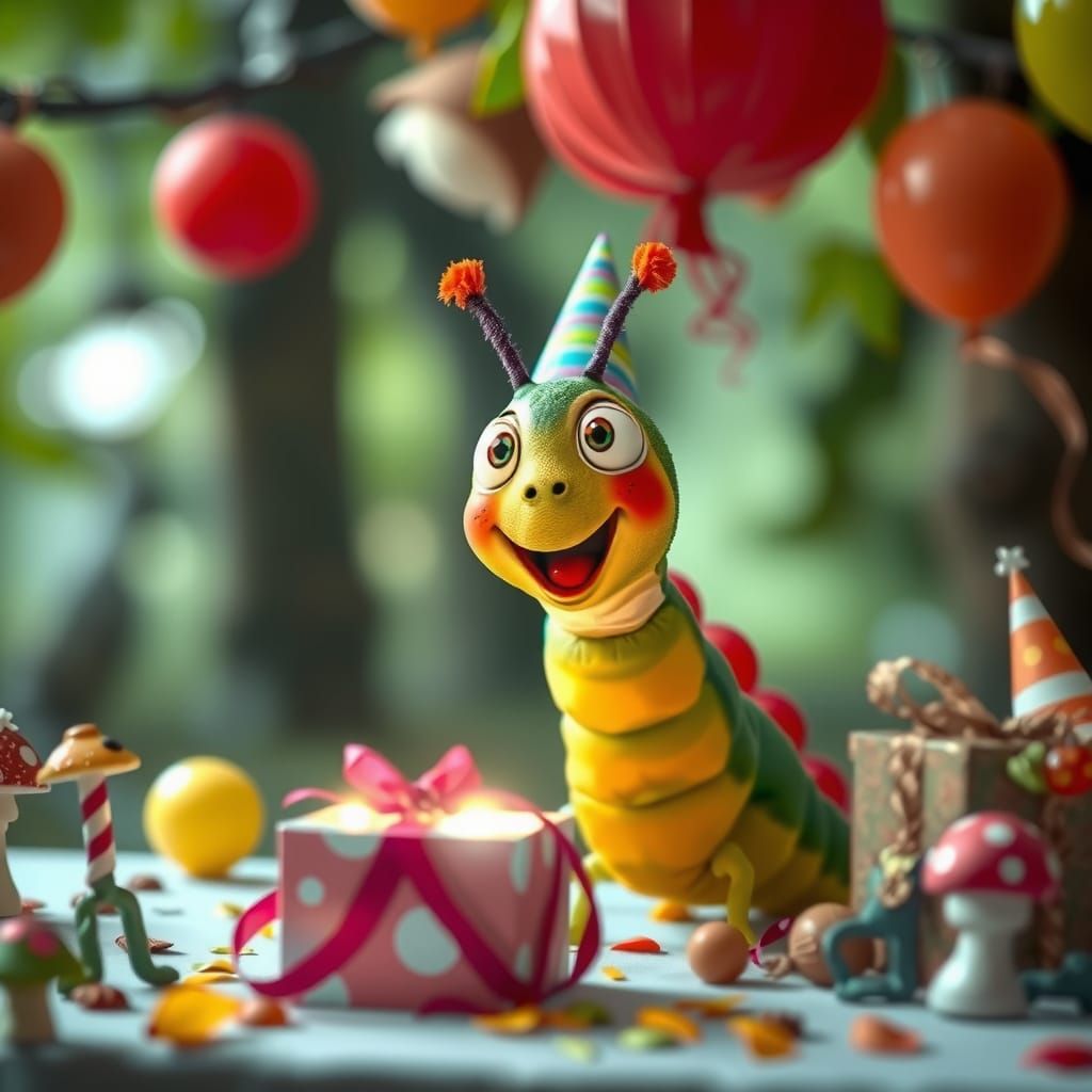 Caterpillar's Whimsical Birthday Party in Forest Setting