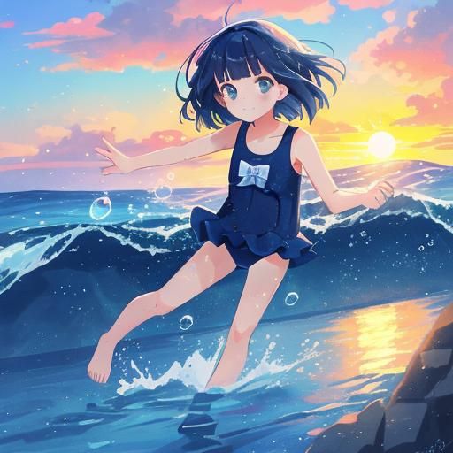 Sunrise Swim: Girl with Blue Hair and Gems