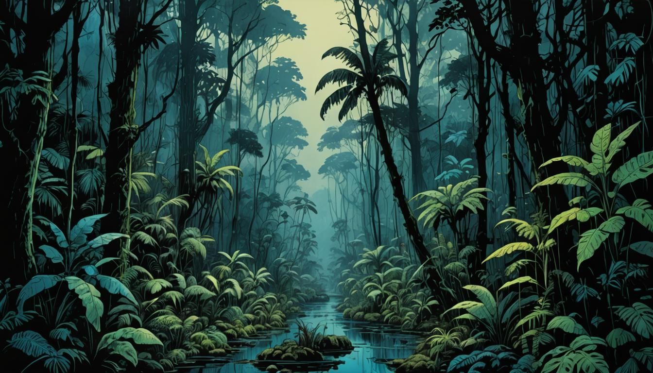 Maximalist Blue Rainforest Ink Painting in Film Noir Style