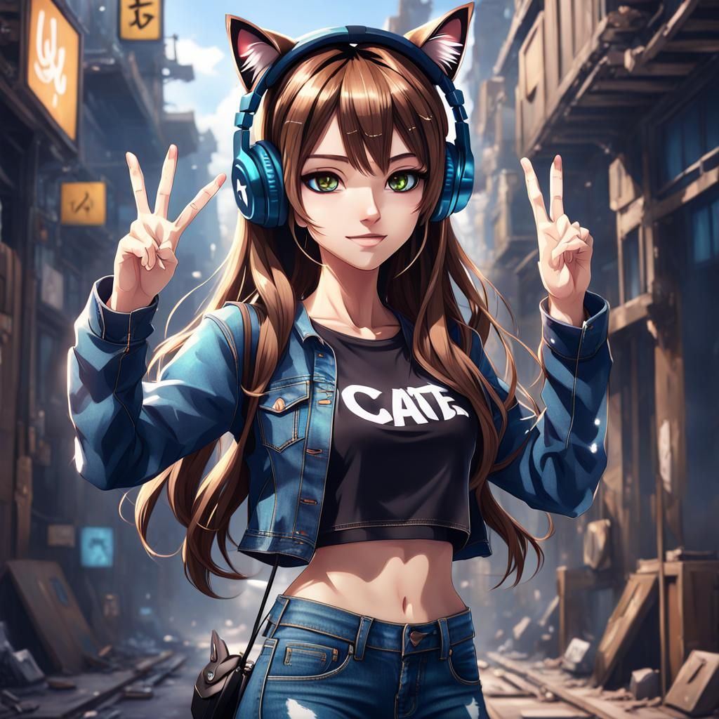 Anime Girl with Cat Ear Headphones Artstation Render