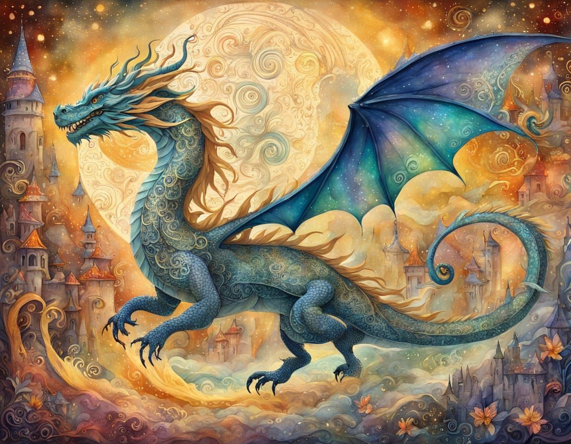 Majestic Dragon in Whimsical Fairy Tale Scene