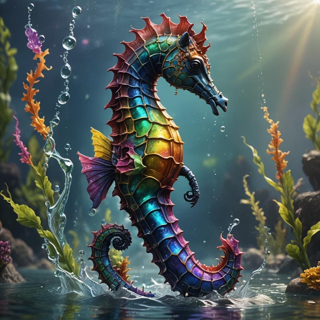 Rainbow Seahorse in Shining Water: Fantasy Art