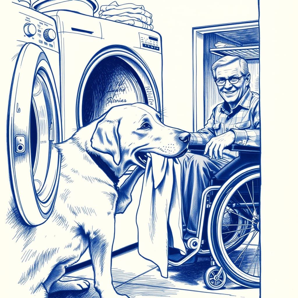 Blonde Labrador Tugs Laundry in Laundry Room