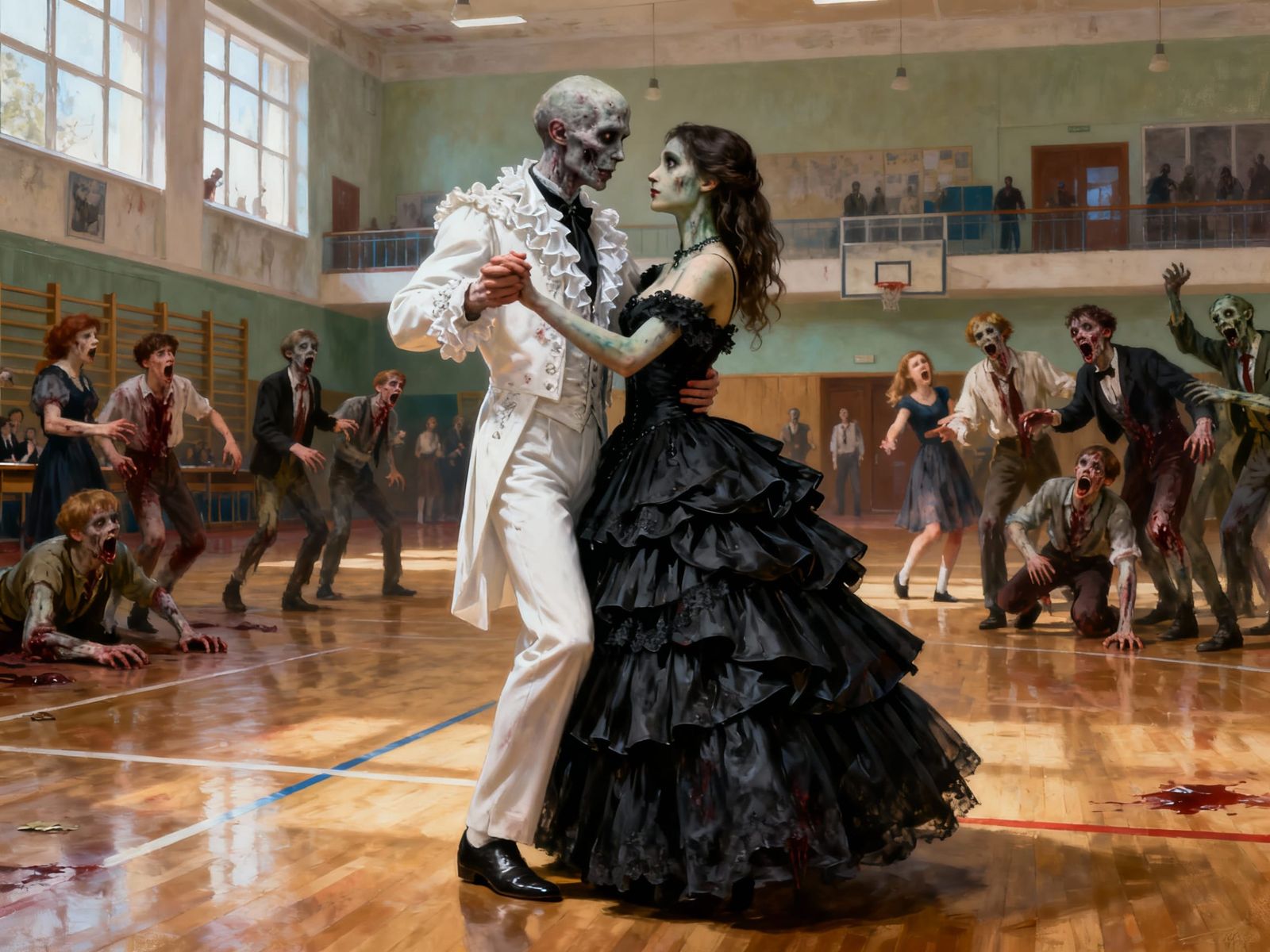 Zombie Prom Night: A Loving Couple Dances Amidst Chaos