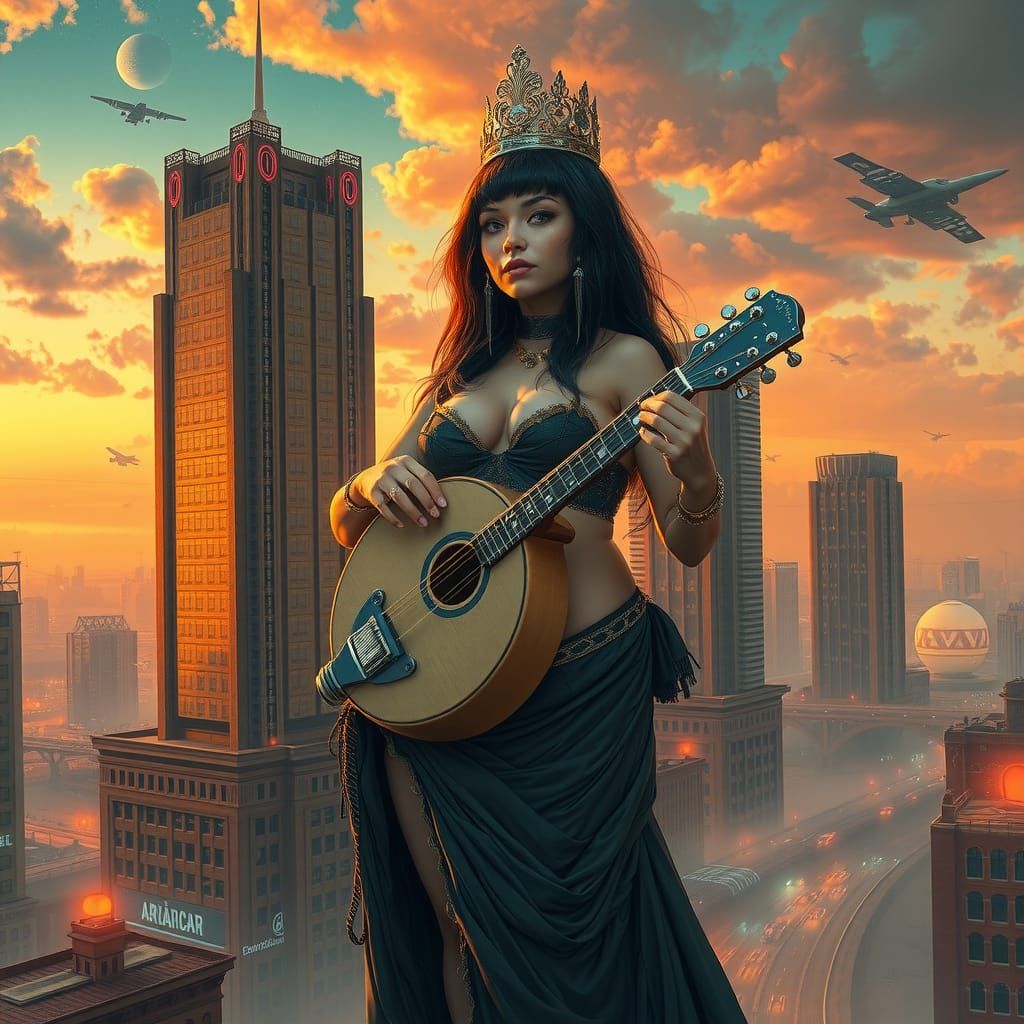 Cyberpunk Princess Waddling Through Art Deco City