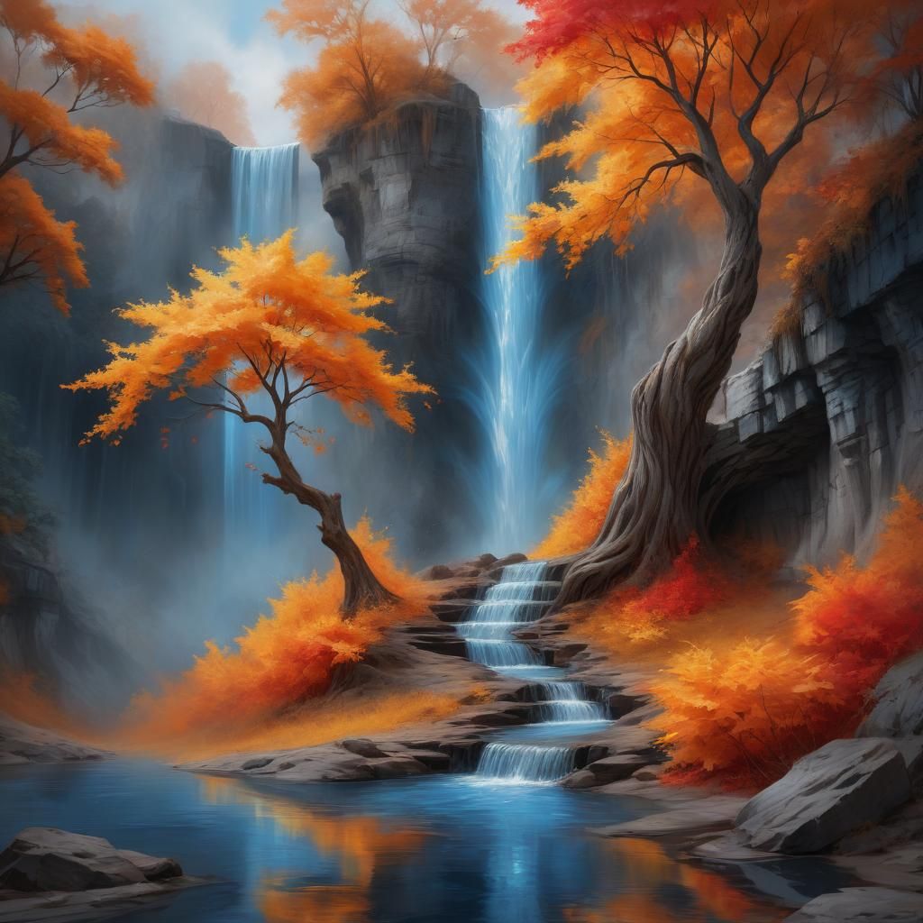 Autumn Tree by Waterfall: A Fantasy Digital Oil Painting